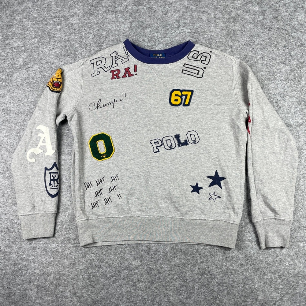 Polo Ralph Lauren Sweatshirt Boys M 10-12 Grey Varsity Patch Crew Neck Pullover